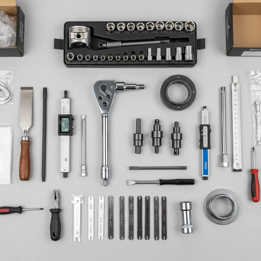 Essential engine overhaul tools laid out on workbench